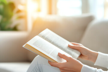 Fototapeta premium woman holds open book, enjoying peaceful moment in sunlit room. soft light creates warm atmosphere, perfect for reading and relaxation
