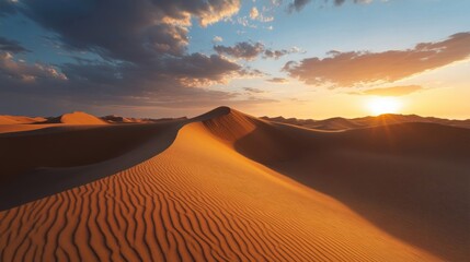 A beautiful desert landscape features sand dunes at sunset time