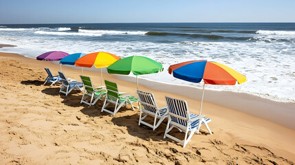 Colorful beach umbrellas and chairs on sandy shore, ocean waves in background; perfect summer vacation postcard