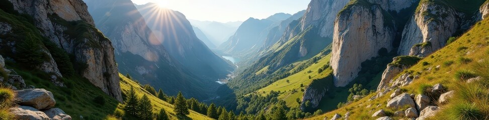 Obraz premium Sunlit limestone cliffs surrounding Navacelles Cirque, earth, canyon
