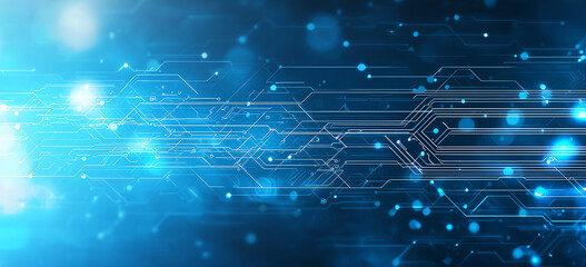 Obraz premium vibrant blue background featuring intricate white circuit board lines, creating futuristic and technological feel. design evokes sense of innovation and connectivity