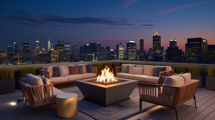 Stylish rooftop lounge with ambient lighting and a cityscape backdrop