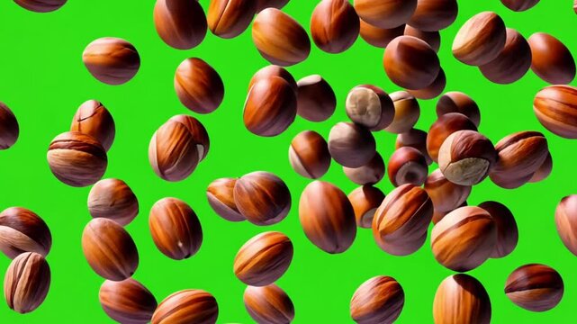 Hazelnuts flying on green screen 