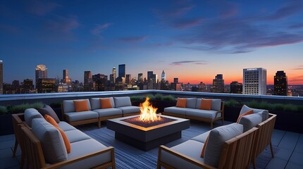 Elegant rooftop lounge with a fire pit and city skyline view