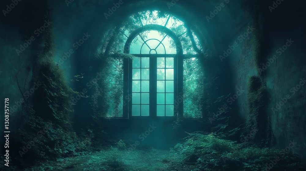 Fototapete window in a dark room with a greenish tint. the room is dark and the window is the only source of li
