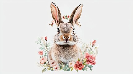 Fototapeta premium A charming rabbit surrounded by vibrant flowers, showcasing nature's beauty and depicting a serene, whimsical atmosphere.