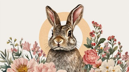Fototapeta premium A charming illustration of a rabbit surrounded by colorful flowers, embodying a whimsical, nature-inspired aesthetic.