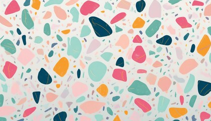 A minimalist terrazzo pattern featuring pastel-colored stone fragments scattered across a clean white background, creating a soft, elegant, and modern design.
