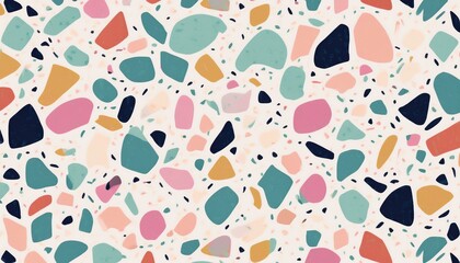 Fototapeta premium A minimalist terrazzo pattern featuring pastel-colored stone fragments scattered across a clean white background, creating a soft, elegant, and modern design. 