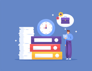 Naklejka premium time management and workload concept. organizing and completing many work tasks and responsibilities. illustration of a worker or employee trying to manage document files. flat style design. elements