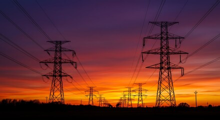 Fototapeta premium Electricity Transmission Towers at Sunset: Vibrant Landscape Photography AI Generated