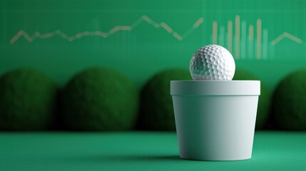 A unique image of a golf ball resting on a pot, with green background illustrating growth and competition.