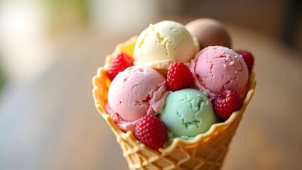 waffle cone overflowing with a variety of colorful ice cream scoops