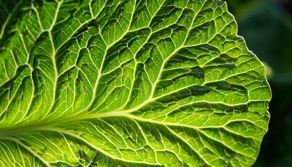 Fototapeta premium Macro shot of the delicate veins in a cabbage leaf, illuminated to highlight its intricate natural pattern, showcasing texture and detail with soft lighting. 