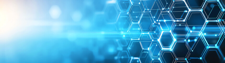 Abstract futuristic background with hexagonal patterns and blue light effects, creating modern and technological feel