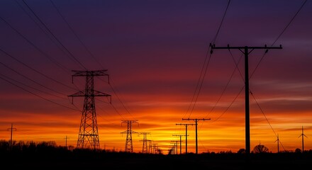 Fototapeta premium Fiery Sunset Silhouette: Power Lines at Dusk Across the Rural Landscape AI Generated