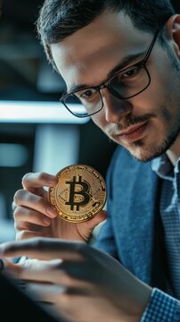 Man holding bitcoin coin in hand while analyzing cryptocurrency price predictions for financial insights