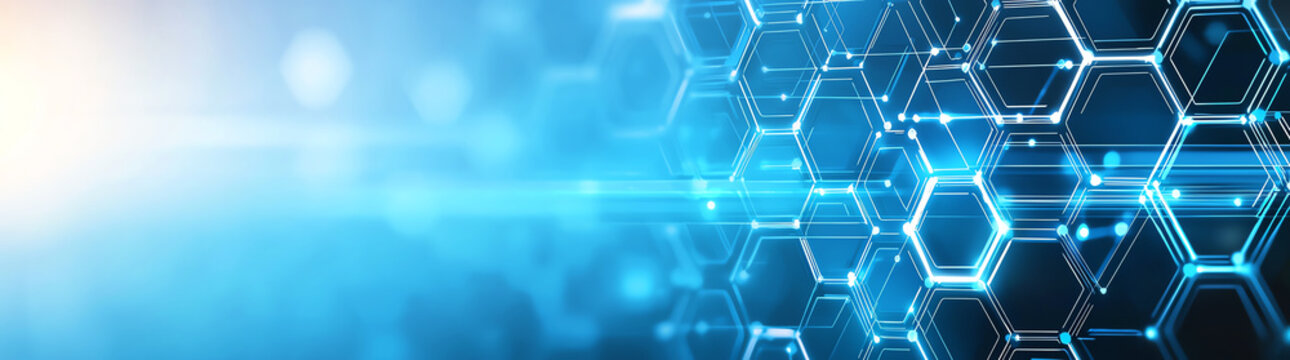 Abstract futuristic background with hexagonal patterns and blue light effects, creating modern and technological feel