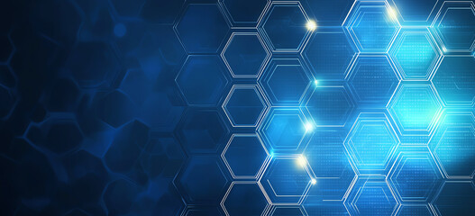 Abstract blue background with hexagonal pattern, featuring glowing hexagons and modern design. This conveys sense of technology and innovation
