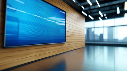 Modern TV studio with wall mounted screen and sleek wooden design, showcasing bright and spacious environment. contemporary setting is perfect for presentations and broadcasts