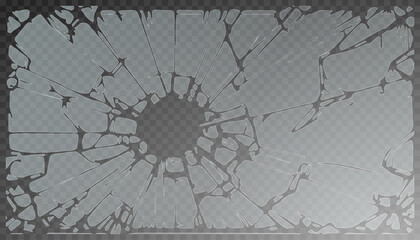 3d realistic vector icon. Broken glass, cracked hole with broken pieces with flying around cracks. Isolated on transparent background.Broken glass shatter and piece. Realistic vector illustration set 