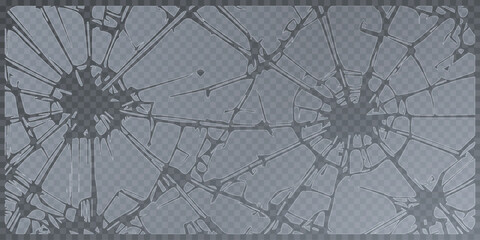 3d realistic vector icon. Broken glass, cracked hole with broken pieces with flying around cracks. Isolated on transparent background.Broken glass shatter and piece. Realistic vector illustration set 