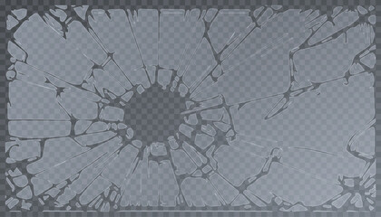 3d realistic vector icon. Broken glass, cracked hole with broken pieces with flying around cracks. Isolated on transparent background.Broken glass shatter and piece. Realistic vector illustration set 