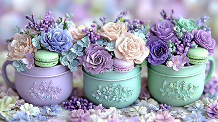 Beautiful pastel floral arrangement in shaped pots with macarons and delicate lavender flowers on a soft background