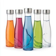 Colorful Glass Bottles with Water and Vibrant Liquid on White Background