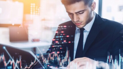 Professional man in suit analyzing cryptocurrency derivatives on tablet with deep focus in stylish office setting