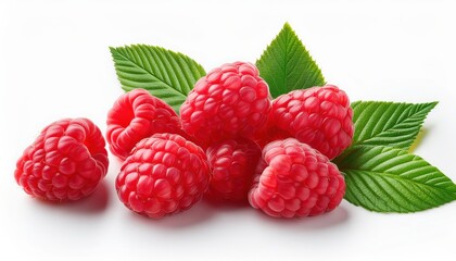 Fresh red raspberries with vivid color and a crisp green leaf, isolated on a clean white background. Ideal for food packaging, health ads, and organic product designs.
