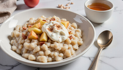 Minimalistic presentation of hearty rye porridge topped with apples and yogurt on a marble countertop