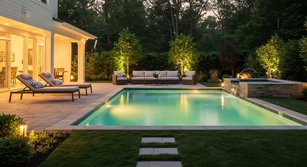 Fototapeta premium Evening Poolside Relaxation: Backyard Oasis at Dusk AI Generated