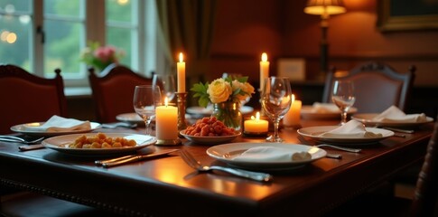 Rich mahogany table, meticulously arranged dishes, soft candlelight , setting, upscale