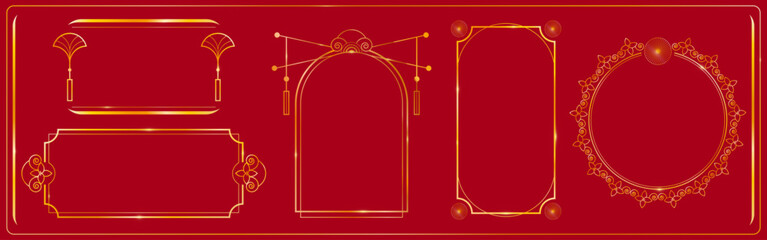 Chinese frame collection with gold ornamental designs on red background. Traditional Asian decorative borders with fan motif, flower pattern. Elegant oriental elements for Japan festival invitation.