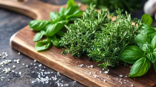 A beautiful arrangement of vibrant fresh herbs including basil and thyme is displayed on a wooden cutting board, highlighting a healthy alternative to traditional salt seasoning for cooking.