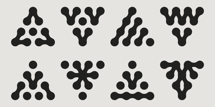 Metaball shapes set isolated on white background. Vector illustration of abstract black dots connected in triangles, organic molecule symbols, linked cells, data network, data grid structure signs