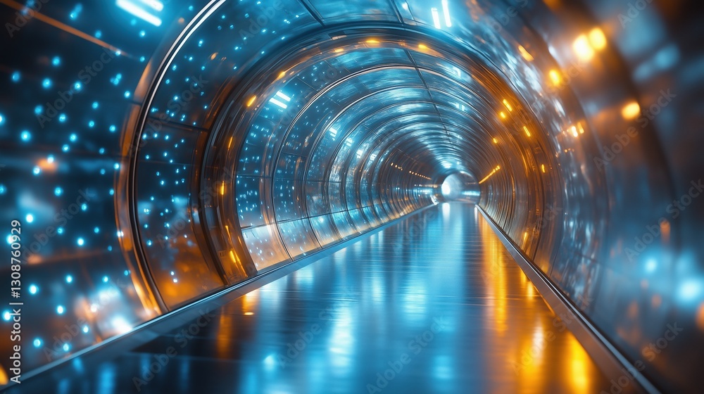 Poster tunnel with lights on the walls and ceiling. the tunnel is blue and yellow. the tunnel is long and n