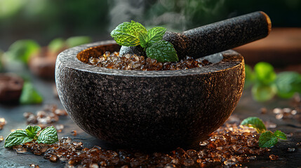 Herbal Infusion: A stone mortar and pestle cradles fresh herbs and salt, with aromatic steam rising against a blurred, natural backdrop.