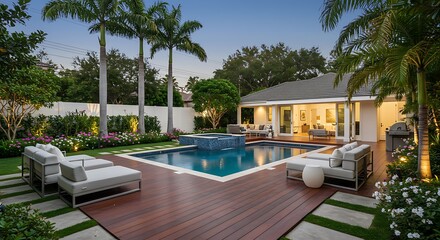 Fototapeta premium Evening Poolside Relaxation: Tropical Backyard Oasis AI Generated
