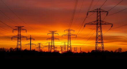 Fototapeta premium Electricity Pylons at Sunset: A Fiery Landscape Photograph AI Generated