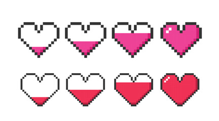 Set of gaming icons of the heart in 8-bit style. Pixel art of gaming heart symbols. Sign of health and life, sign of injury and decrease in health. Vector illustration in 90s design