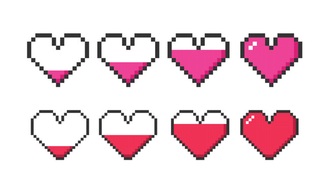 Set of gaming icons of the heart in 8-bit style. Pixel art of gaming heart symbols. Sign of health and life, sign of injury and decrease in health. Vector illustration in 90s design
