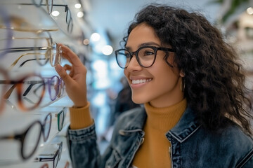 A smiling Beautiful woman in an ophthalmology clinic tries on glasses, shelves filled with various dots.