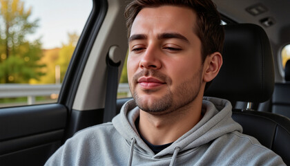 Young man peacefully sleeping in passenger seat of a car during a road trip, World Sleep Day