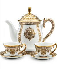Elegant white and gold porcelain tea set with teapot and cups