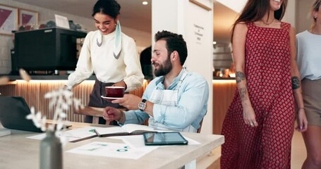 Business people, coffee and laptop with documents at cafe for b2b, partnership or startup together. Happy, businessman and woman with beverage or serving for meeting, discussion or review at shop - Powered by Adobe