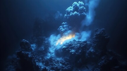 A dramatic underwater scene shows volcanic eruption and hot magma