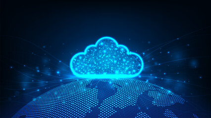 Obraz premium Cloud technology concepts network at center. Digital circuit board above the global Earth.