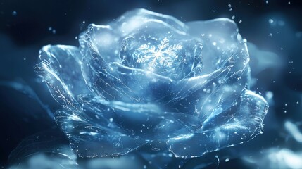 Crystalline ice rose, frozen flower, winter bloom.
